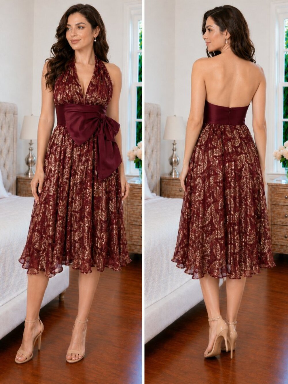 NWT Marchesa Notte Red Gold Halter Midi Dress $795